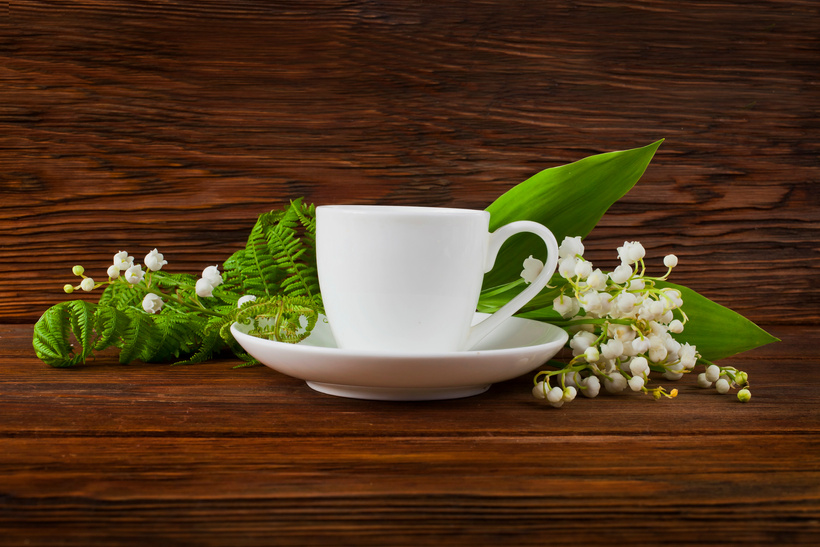 Cup of tea with may bells flowers and fern leaves