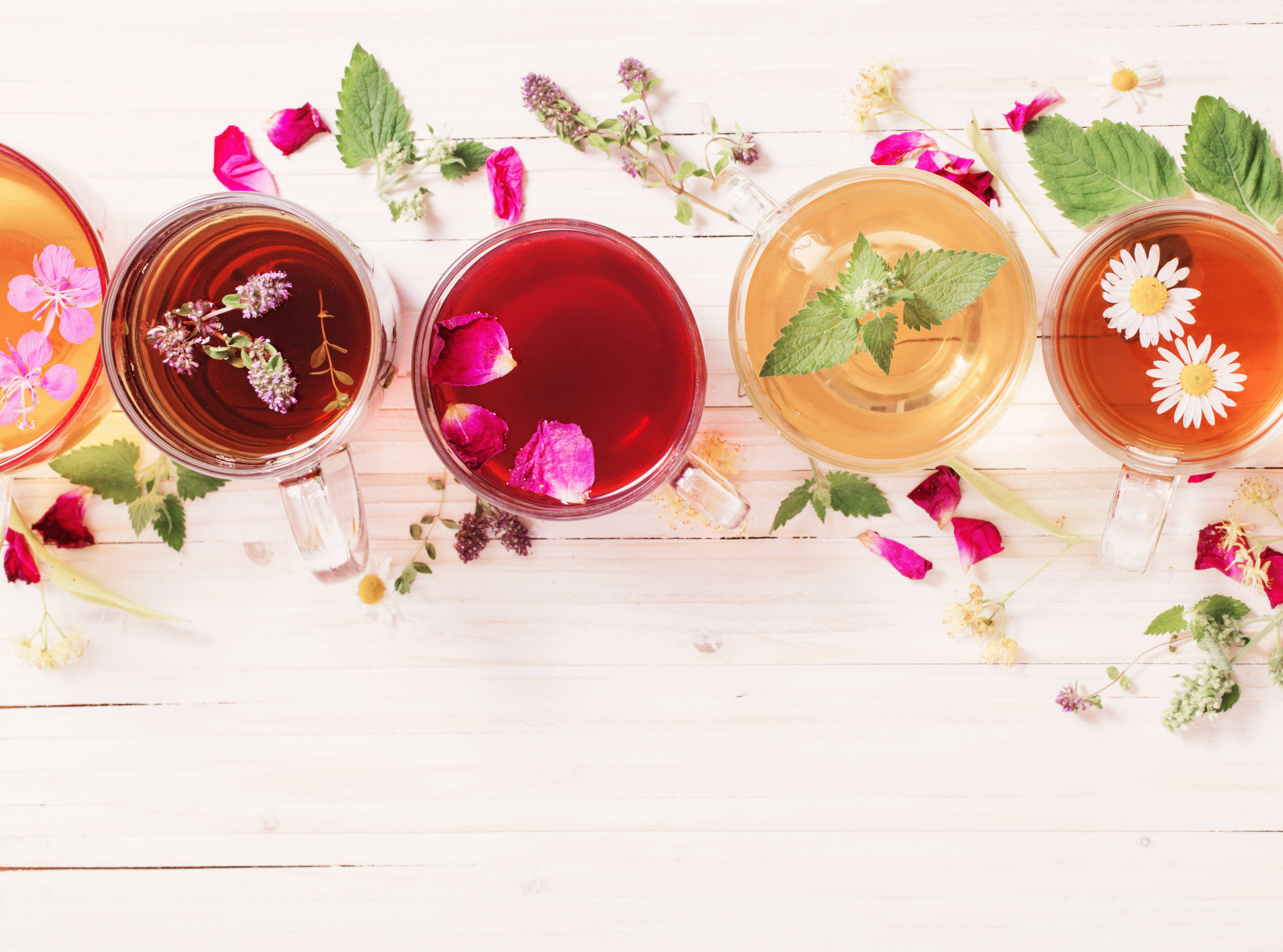 herbal tea on a white wooden background